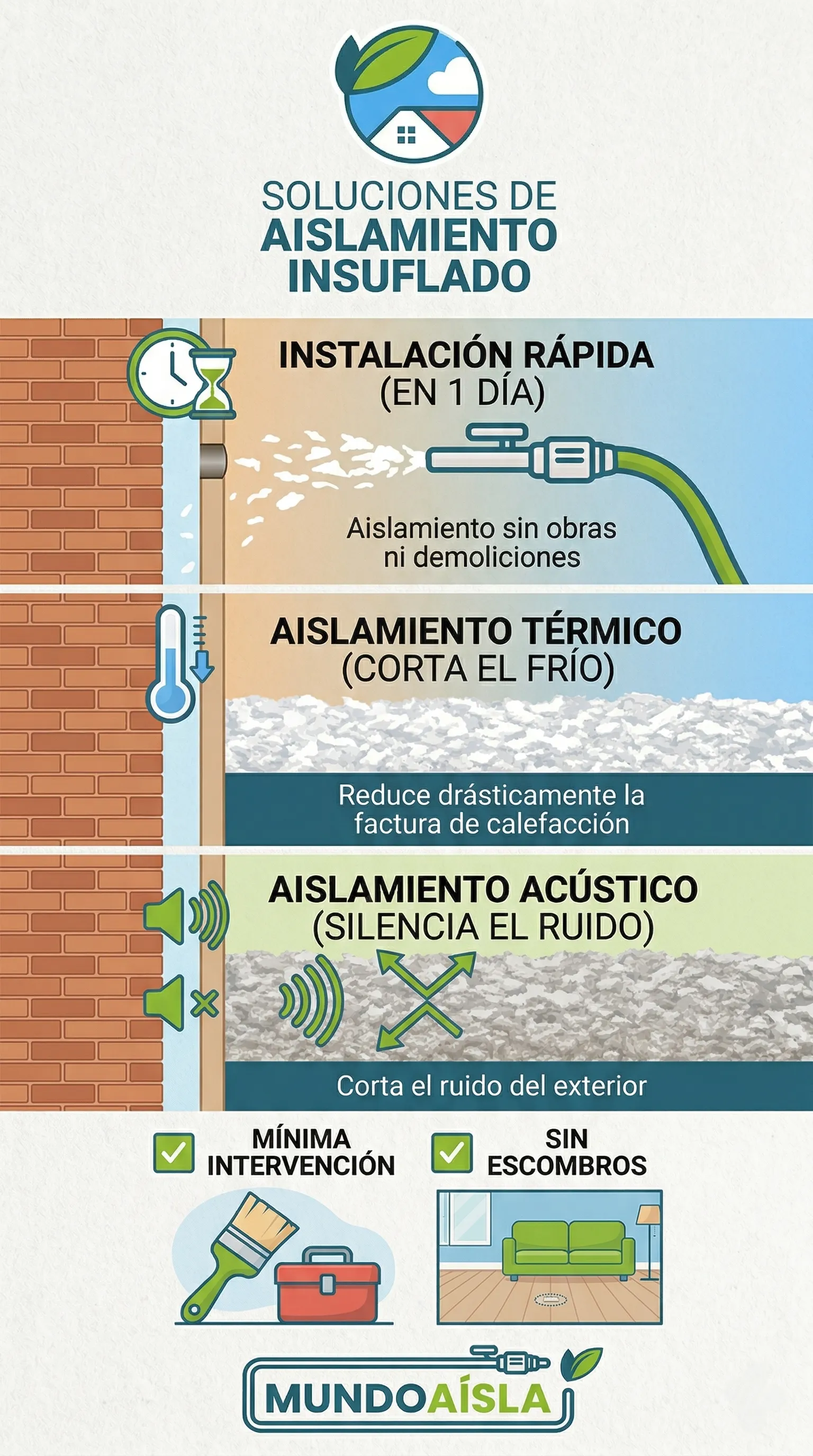 Infografía del proceso de aislamiento insuflado en cámaras de aire por MundoAisla: diagnóstico con endoscopia, inyección del material aislante y resultado final