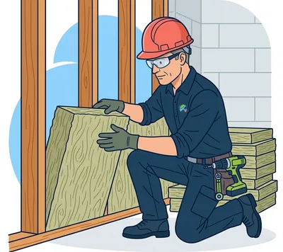 Técnico de MundoAisla instalando panel de lana de roca mineral para aislamiento térmico y acústico de cámaras de aire